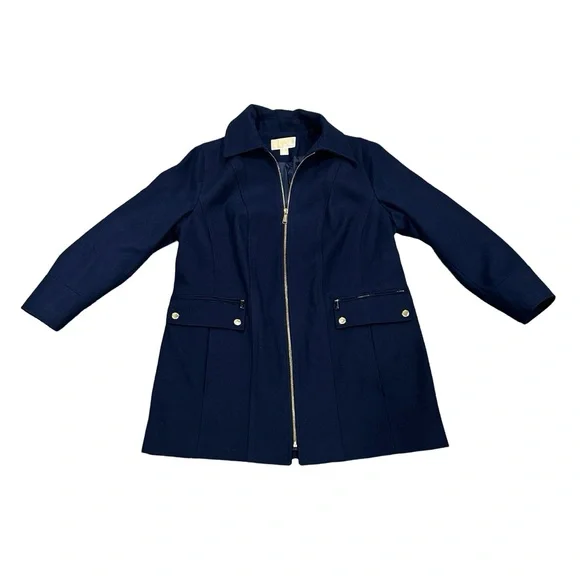 MICHAEL KORS WOMENS FULL ZIP OVERCOAT SIZE 0X NAVY BLUE WOOL - Picture 1 of 6